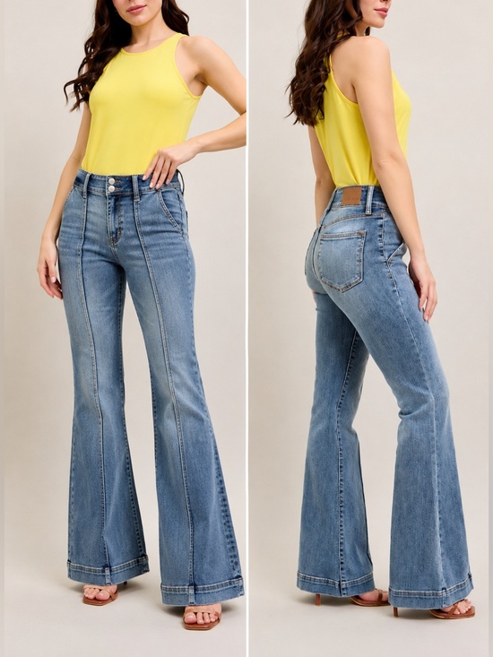 Judy Blue Denim - Judy Blue Vintage Muse Trouser Flare Jeans High Rise Double Button Pintuck 9/29